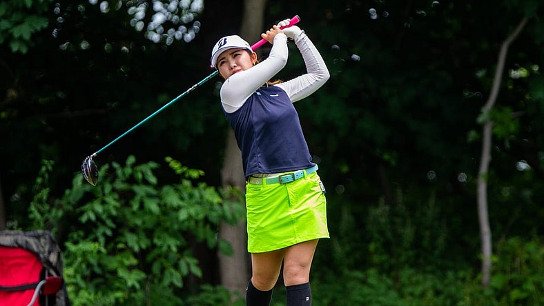 Ayaka Furue hits the ball from the fourth hole tee box during the first round of the Meijer LPGA Classic Thursday, June 15, 2023, at Blythefield Country Club in Belmont, MI.