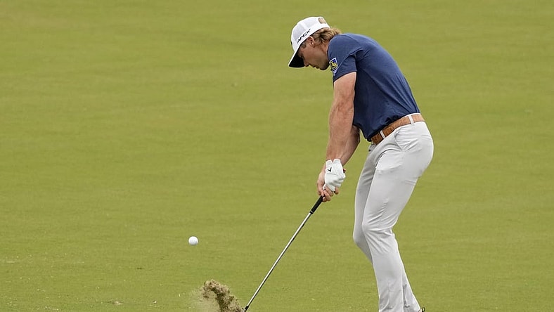 Jun 15, 2023; Los Angeles, California, USA; Sam Burns plays a shot on the 10th hole during the first round of the U.S. Open golf tournament at Los Angeles Country Club. Mandatory Credit: Michael Madrid-USA TODAY Sports