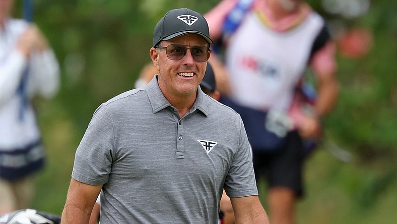 Jun 16, 2023; Los Angeles, California, USA; Phil Mickelson (LIV player) walks to the seventh green during the second round of the U.S. Open golf tournament. Mandatory Credit: Kiyoshi Mio-USA TODAY Sports