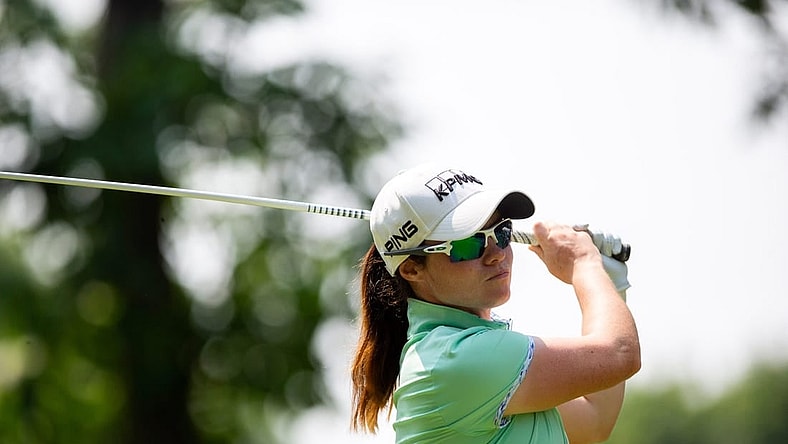 Leona Maguire tees off during the final round of the Meijer LPGA Classic Sunday, June 18, 2023, at Blythefield Country Club in Belmont, MI.