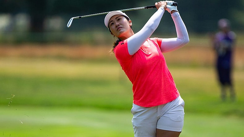 Xiyu Lin hits her ball to the green during the last round of the Meijer LPGA Classic Sunday, June 18, 2023, at Blythefield Country Club in Belmont, MI.
