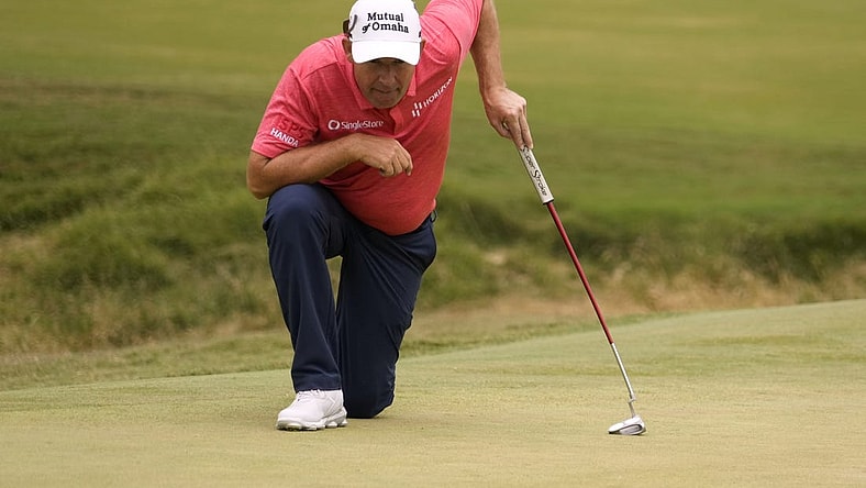 Jun 18, 2023; Los Angeles, California, USA; Padraig Harrington prepares to putt on the second hole during the final round of the U.S. Open golf tournament at Los Angeles Country Club. Mandatory Credit: Michael Madrid-USA TODAY Sports