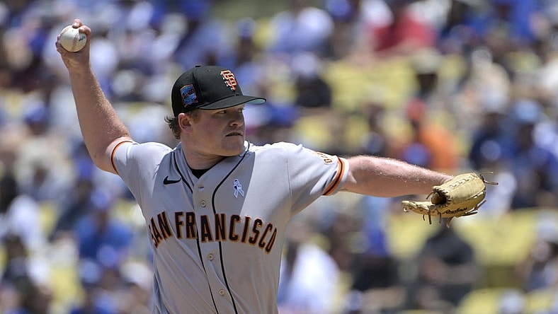 Jun 18, 2023; Los Angeles, California, USA;  San Francisco Giants starting pitcher Logan Webb (62) throws to the plate in the first inning against the Los Angeles Dodgers at Dodger Stadium. Mandatory Credit: Jayne Kamin-Oncea-USA TODAY Sports