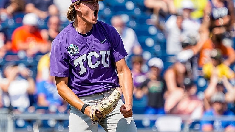 Jun 18, 2023; Omaha, NE, USA; TCU Horned Frogs pitcher Ben Abeldt (46) celebrates after defeating the Virginia Cavaliers at Charles Schwab Field Omaha. Mandatory Credit: Dylan Widger-USA TODAY Sports