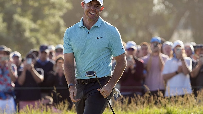 Jun 18, 2023; Los Angeles, California, USA; Rory McIlroy reacts after putting on the fifteenth hole during the final round of the U.S. Open golf tournament at Los Angeles Country Club. Mandatory Credit: Michael Madrid-USA TODAY Sports