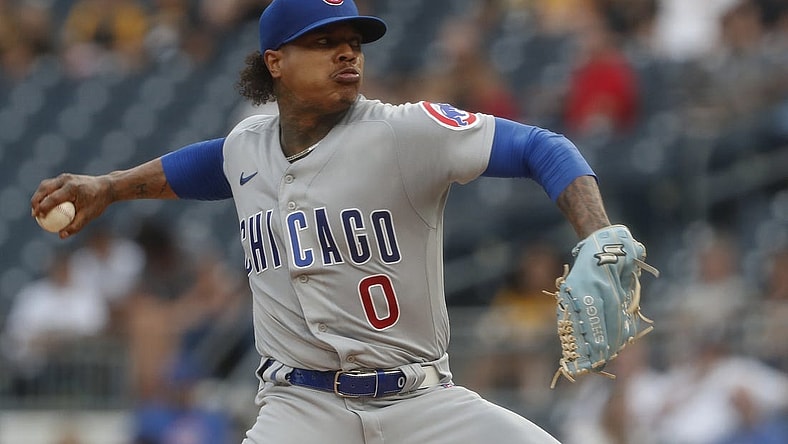 Jun 20, 2023; Pittsburgh, Pennsylvania, USA; Chicago Cubs starting pitcher Marcus Stroman (0) delivers a pitch against the Pittsburgh Pirates during the first inning at PNC Park. Mandatory Credit: Charles LeClaire-USA TODAY Sports