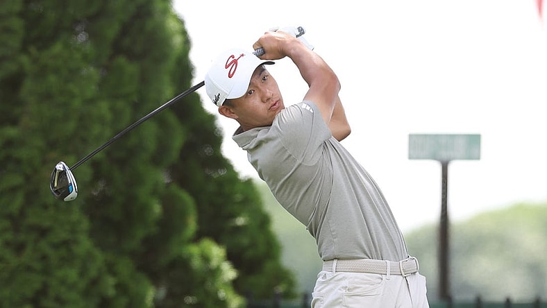 Jun 22, 2023; Cromwell, Connecticut, USA; Collin Morikawa plays his shot from the ninth tee during the first round of the Travelers Championship golf tournament. Mandatory Credit: Vincent Carchietta-USA TODAY Sports