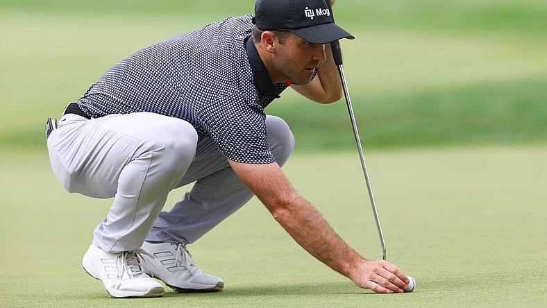 Jun 23, 2023; Cromwell, Connecticut, USA; Denny McCarthy lines up a putt on the seventh green during the second round of the Travelers Championship golf tournament. Mandatory Credit: Vincent Carchietta-USA TODAY Sports