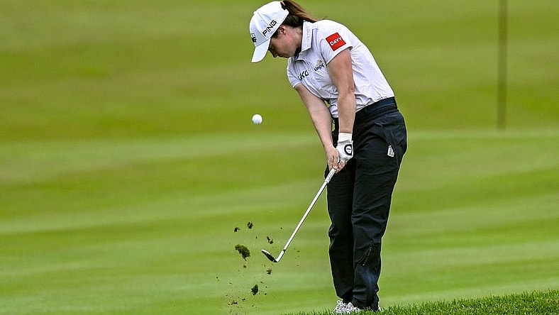 Jun 23, 2023; Springfield, New Jersey, USA; Leona Maguire plays a shot from the fairway on the 18th hole during the second round of the KPMG Women's PGA Championship golf tournament. Mandatory Credit: John Jones-USA TODAY Sports