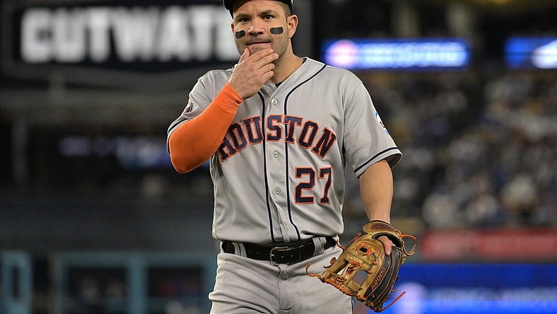 Jun 23, 2023; Los Angeles, California, USA;  Houston Astros second baseman Jose Altuve (27) walks off the field following the sixth inning against the Los Angeles Dodgers at Dodger Stadium. Mandatory Credit: Jayne Kamin-Oncea-USA TODAY Sports