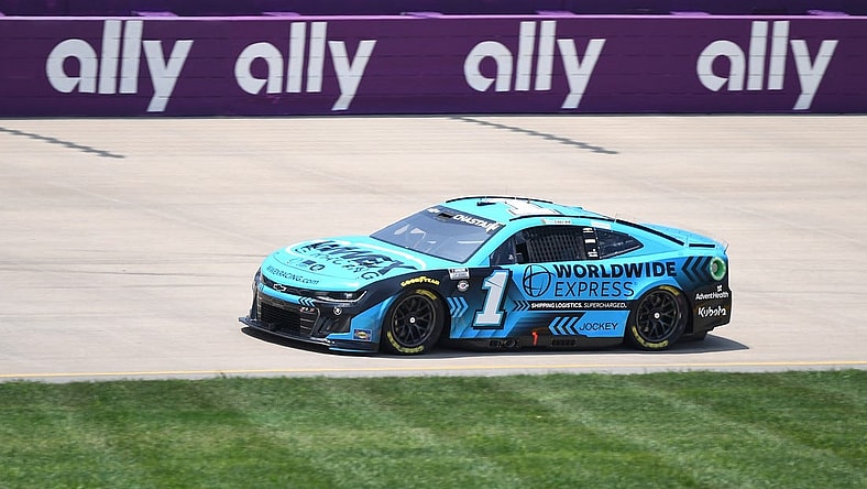 Jun 24, 2023; Nashville, Tennessee, USA; NASCAR Cup Series driver Ross Chastain (1) wins the pole during qualifying at Nashville Superspeedway. Mandatory Credit: Christopher Hanewinckel-USA TODAY Sports