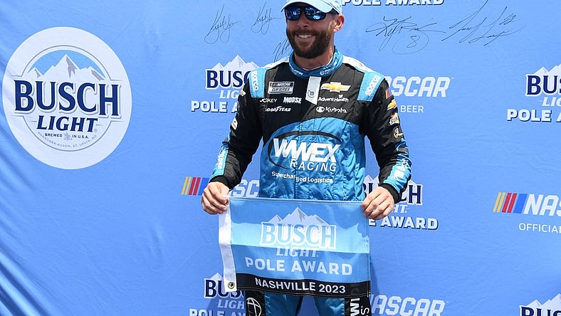 Jun 24, 2023; Nashville, Tennessee, USA; NASCAR Cup Series driver Ross Chastain (1) after winning the pole during qualifying at Nashville Superspeedway. Mandatory Credit: Christopher Hanewinckel-USA TODAY Sports