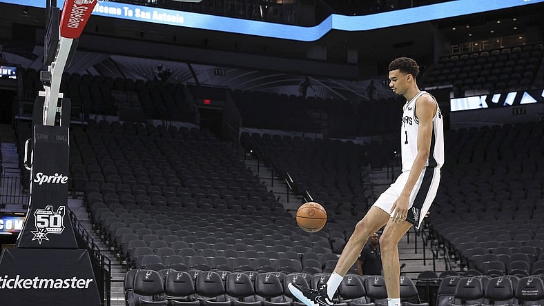Jun 24, 2023; San Antonio, TX, USA; San Antonio Spurs draft pick Victor Wembanyama shoots around at a press conference at AT&T Center. Mandatory Credit: Troy Taormina-USA TODAY Sports