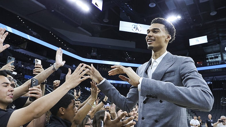 Jun 24, 2023; San Antonio, TX, USA; San Antonio Spurs draft pick Victor Wembanyama greets fans at a press conference at AT&T Center. Mandatory Credit: Troy Taormina-USA TODAY Sports