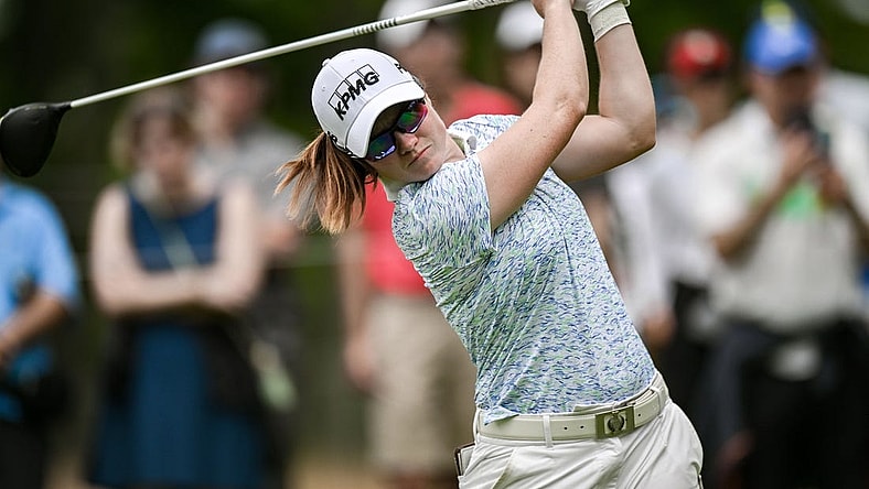 Jun 24, 2023; Springfield, New Jersey, USA; Leona Maguire tees off on the 5th hole during the third round of the KPMG Women's PGA Championship golf tournament. Mandatory Credit: John Jones-USA TODAY Sports