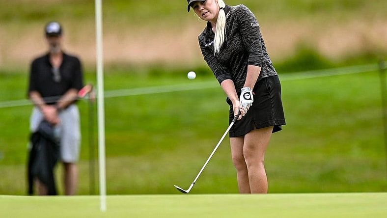 Jun 24, 2023; Springfield, New Jersey, USA; Stephanie Meadow chips a shot onto the 3rd green during the third round of the KPMG Women's PGA Championship golf tournament. Mandatory Credit: John Jones-USA TODAY Sports