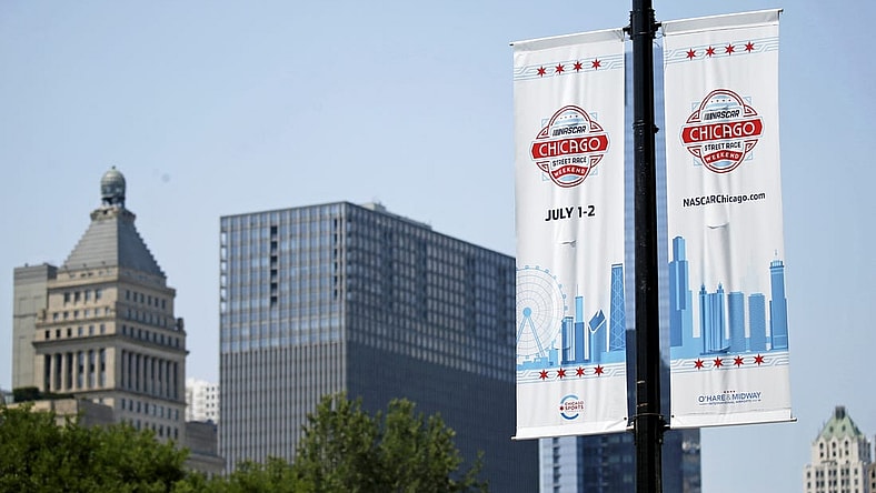 Jun 24, 2023; Chicago, Illinois, USA; A general view of Chicago Street Race banners along the course before the Chicago Street Race. Mandatory Credit: Jon Durr-USA TODAY Sports