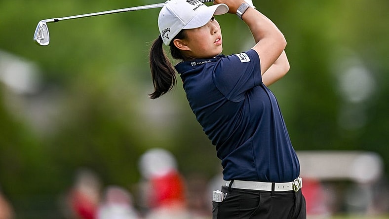 Jun 25, 2023; Springfield, New Jersey, USA; Ruoning Yin tees off on the 4th hole during the final round of the KPMG Women's PGA Championship golf tournament. Mandatory Credit: John Jones-USA TODAY Sports