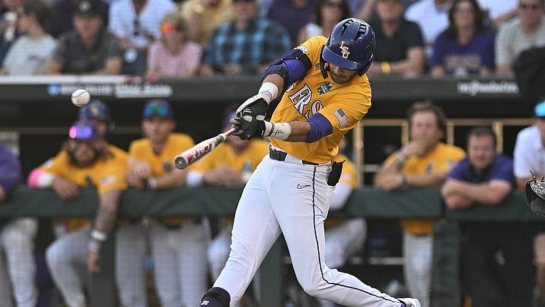 Jun 26, 2023; Omaha, NE, USA;  LSU Tigers right fielder Brayden Jobert (6) singles against the Florida Gators in the second inning at Charles Schwab Field Omaha. Mandatory Credit: Steven Branscombe-USA TODAY Sports