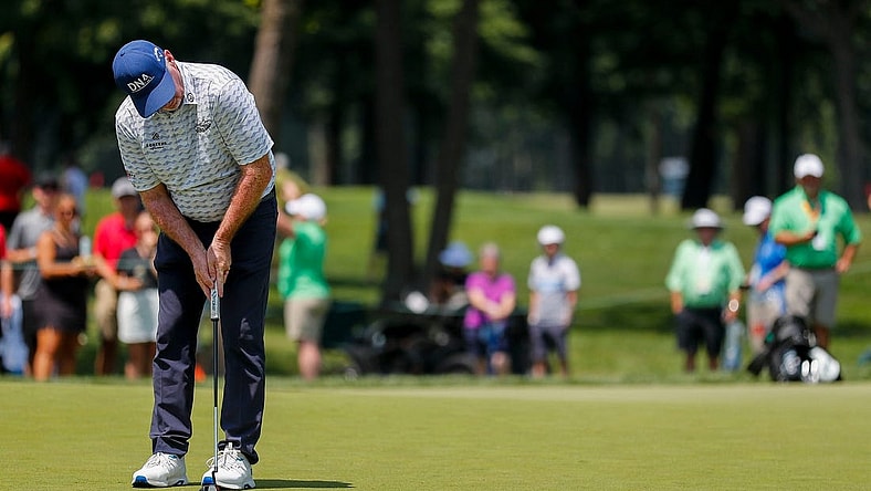 Rod Pampling sinks a par putt on the 9th hole during the first round for the 2023 U.S. Senior Open on Thursday, June 29, 2023, at SentryWorld in Stevens Point, Wis. Pampling fired an opening round score of 3-under par.Tork Mason/USA TODAY NETWORK-Wisconsin