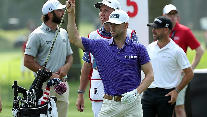 June 30, 2023; Detroit, MI, USA; Taylor Moore prepares to tee off on the fifth hole during the second round of the Rocket Mortgage Classic on Friday, June 29, 2023, at the Detroit Golf Club. Mandatory Credit: Kirthmon F. Dozier-USA TODAY Sports