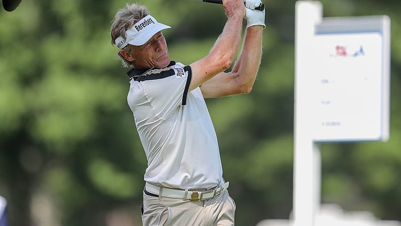 Bernhard Langer holds his follow-through after hitting his tee shot on the 10th hole during the second round for the 2023 U.S. Senior Open on Friday, June 30, 2023, at SentryWorld in Stevens Point, Wis. Tork Mason/USA TODAY NETWORK-Wisconsin