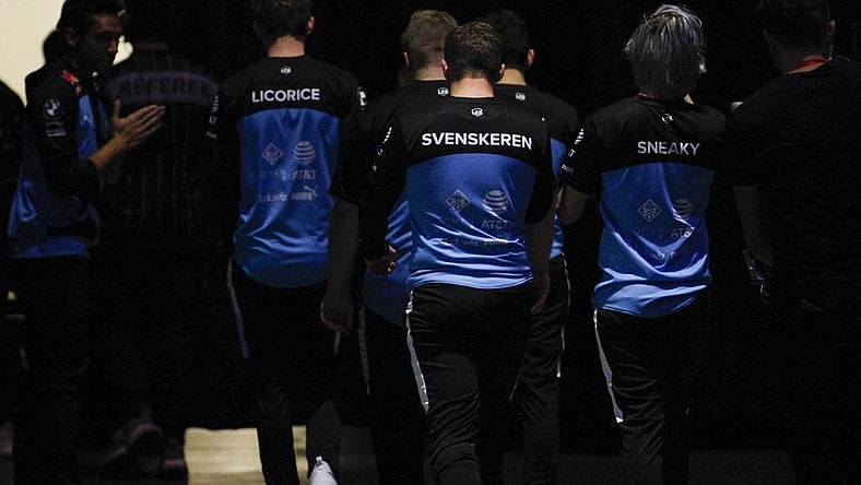 Aug 25, 2019; Detroit, MI, USA; Cloud9 player Dennis Johnsen aka Svenskeren walks off the arena floor with his teammates during the LCS Summer Finals event against Team Liquid at Little Caesars Arena. Mandatory Credit: Raj Mehta-USA TODAY Sports