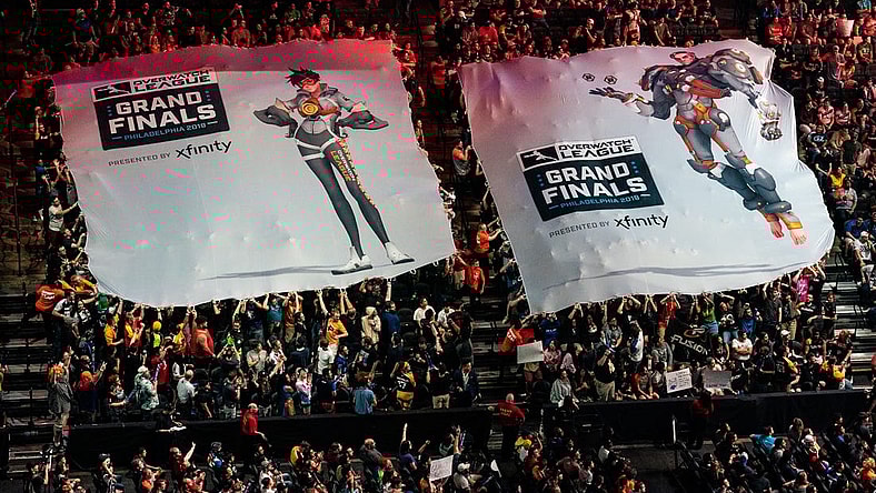 Sep 29, 2019; Philadelphia, PA, USA; Fans raise a tifo during the Overwatch League Grand Finals e-sports event at Wells Fargo Center. Mandatory Credit: Bill Streicher-USA TODAY Sports