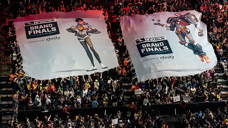 Sep 29, 2019; Philadelphia, PA, USA; Fans raise a tifo during the Overwatch League Grand Finals e-sports event at Wells Fargo Center. Mandatory Credit: Bill Streicher-USA TODAY Sports