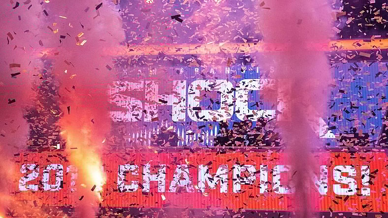 Sep 29, 2019; Philadelphia, PA, USA; The San Francisco Shock celebrate their victory in the 2019 Overwatch League Grand Finals e-sports championship against the Vancouver Titans at Wells Fargo Center. Mandatory Credit: Bill Streicher-USA TODAY Sports