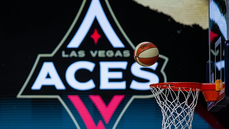 Oct 2, 2020; Bradenton, Florida, USA; A game ball falls through the net as the Las Vegas Aces warm up before game 1 of the WNBA finals against the Seattle Storm at IMG Academy. Mandatory Credit: Mary Holt-USA TODAY Sports