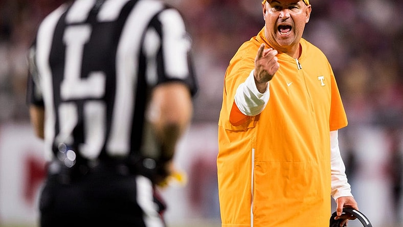 Tennessee Head Coach Jeremy Pruitt yells at an official during Tennessee's game against Alabama at Bryant-Denny Stadium in Tuscaloosa, Ala., on Saturday, October 19, 2019.

Kns Utvbama Bp RANK 9