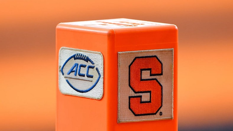 Sep 18, 2021; Syracuse, New York, USA; Detailed view of an end zone marker with the Atlantic Coast Conference and Syracuse Orange logos prior to the game between the against the Albany Great Danes and the Syracuse Orange at the Carrier Dome. Mandatory Credit: Rich Barnes-USA TODAY Sports