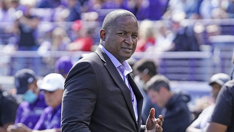Sep 25, 2021; Evanston, Illinois, USA; Northwestern Wildcats athletic director Derrick Gragg on the sidelines during the second half against the Ohio Bobcats at Ryan Field. Mandatory Credit: David Banks-USA TODAY Sports