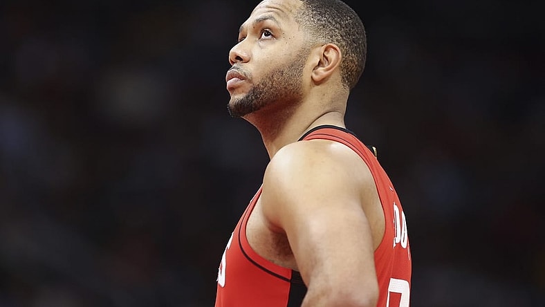 Jan 31, 2022; Houston, Texas, USA; Houston Rockets guard Eric Gordon (10) reacts during the game against the Golden State Warriors at Toyota Center. Mandatory Credit: Troy Taormina-USA TODAY Sports
