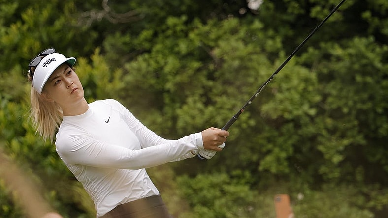 Jun 3, 2022; Southern Pines, North Carolina, USA; Michelle Wie West hits a tee shot on the ninth hole during the second round of the U.S. Women's Open. Mandatory Credit: Geoff Burke-USA TODAY Sports