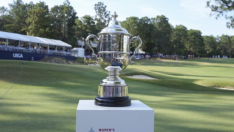 A general view of the Champions Trophy during the final round of the 2022 U.S. Women's Open. Mandatory Credit: David Yeazell-USA TODAY Sports