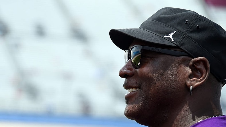 Jun 25, 2022; Nashville, Tennessee, USA; NASCAR Cup Series 23XI Racing owner Michael Jordan on pit road during qualifying for the Ally 400 at Nashville Superspeedway. Mandatory Credit: Christopher Hanewinckel-USA TODAY Sports