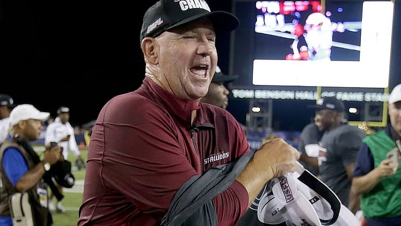 The Birmingham Stallions head coach Skip Holtz changes into a USFL champions t-shirt during as he and his team celebrate their USFL championship after beating the Philadelphia Stars at Tom Benson Hall of Fame Stadium in Canton Sunday, July 3, 2022.

Usfl Championship Game0562