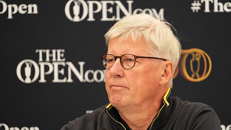 Jul 13, 2022; St. Andrews, SCT; Royal & Ancient chief executive Martin Slumbers holds a press conference at the 150th Open Championship golf tournament at St. Andrews Old Course. Mandatory Credit: Rob Schumacher-USA TODAY Sports