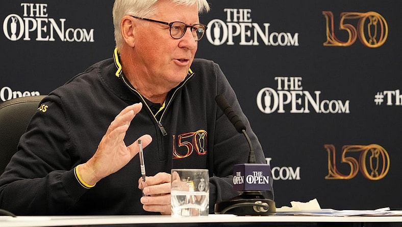 Jul 13, 2022; St. Andrews, SCT; Royal & Ancient chief executive Martin Slumbers holds a press conference at the 150th Open Championship golf tournament at St. Andrews Old Course. Mandatory Credit: Rob Schumacher-USA TODAY Sports