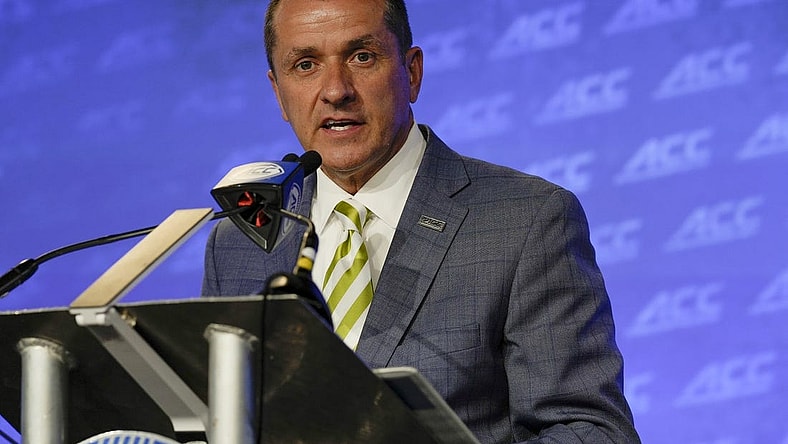 Jul 20, 2022; Charlotte, NC, USA; ACC commissioner Jim Phillips speaks to the media during ACC Media Days at the Westin Hotel in Charlotte.   Mandatory Credit: Jim Dedmon-USA TODAY Sports