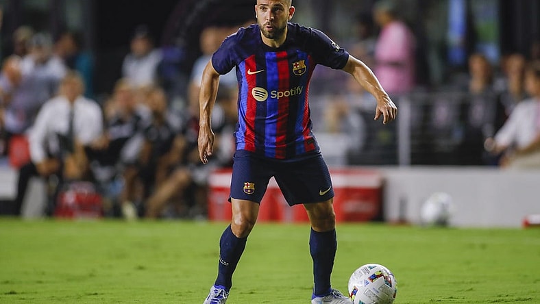 Jul 19, 2022; Miami, FL, USA; FC Barcelona defender Jordi Alba (18) controls the ball during the second half against Inter Miami CF at DRV PNK Stadium. Mandatory Credit: Sam Navarro-USA TODAY Sports