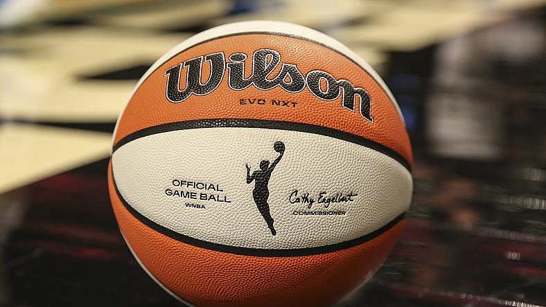 Aug 23, 2022; Brooklyn, New York, USA; A detail view of a basketball on the court prior to game three of the first round between the New York Liberty and the Chicago Sky at Barclays Center. Mandatory Credit: Wendell Cruz-USA TODAY Sports