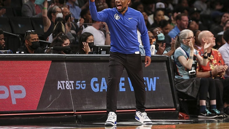 Aug 23, 2022; Brooklyn, New York, USA; Chicago Sky Head Coach James Wade yells out instructions in the third quarter against the New York Liberty at Barclays Center. Mandatory Credit: Wendell Cruz-USA TODAY Sports