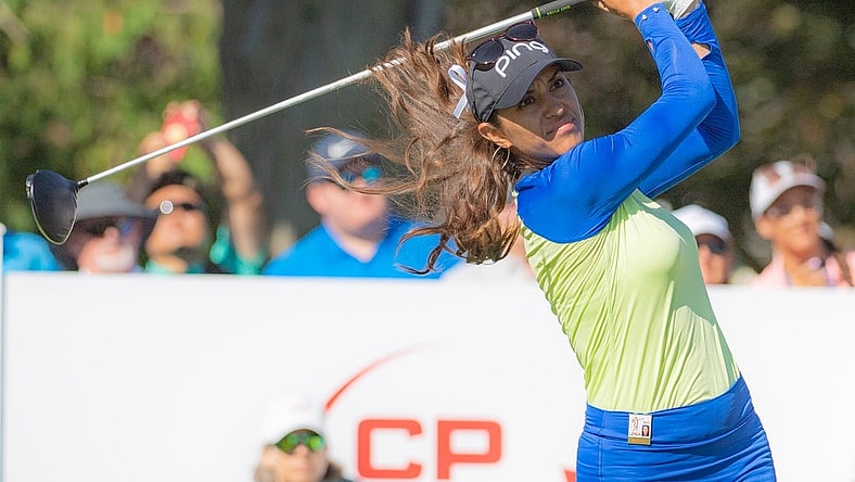 Aug 28, 2022; Ottawa, Ontario, CAN; Paula Reto from South Africa tees off frrom the 1st hole during the final round of the CP Women's Open golf tournament. Mandatory Credit: Marc DesRosiers-USA TODAY Sports