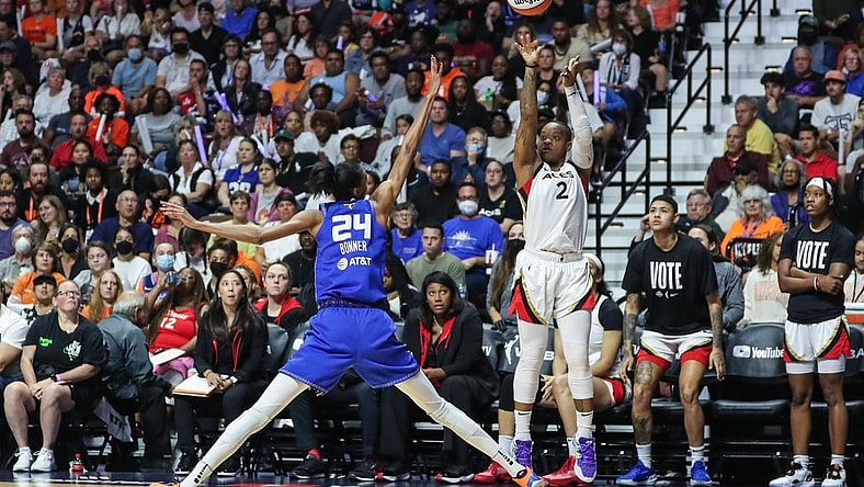 Sep 18, 2022; Uncasville, Connecticut, USA; Las Vegas Aces guard Riquna Williams (2) during game four of the 2022 WNBA Finals at Mohegan Sun Arena. Mandatory Credit: Wendell Cruz-USA TODAY Sports