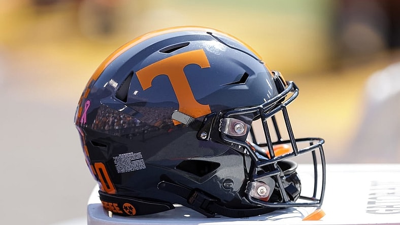 Oct 8, 2022; Baton Rouge, Louisiana, USA; Tennessee Volunteers helmet against the LSU Tigers during the second half at Tiger Stadium. Mandatory Credit: Stephen Lew-USA TODAY Sports