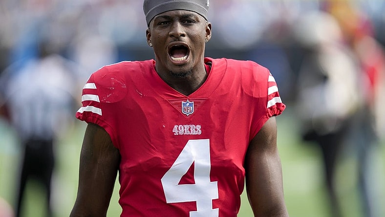 Oct 9, 2022; Charlotte, North Carolina, USA; San Francisco 49ers cornerback Emmanuel Moseley (4) during the first quarter against the Carolina Panthers at Bank of America Stadium. Mandatory Credit: Jim Dedmon-USA TODAY Sports