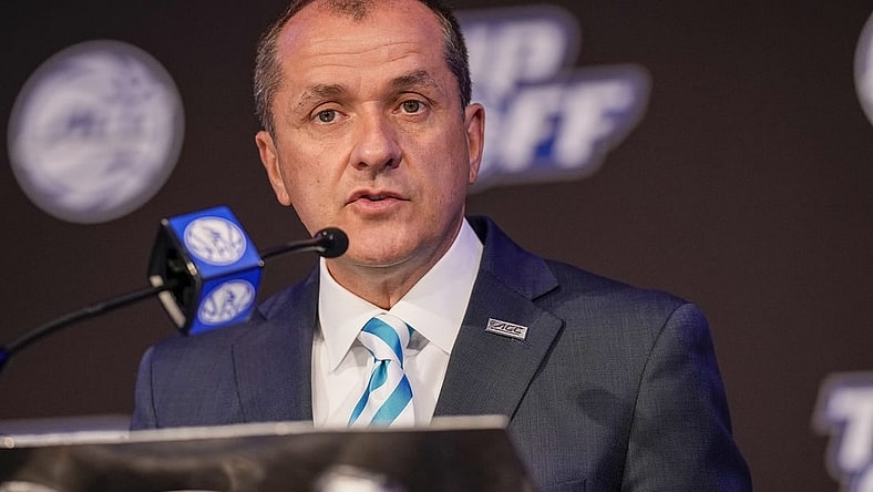 Oct 12, 2022; Charlotte, North Carolina, US; ACC commissioner James Phillips addresses the media during the ACC Men s  Basketball Tip-Off in Charlotte, NC.  Mandatory Credit: Jim Dedmon-USA TODAY Sports